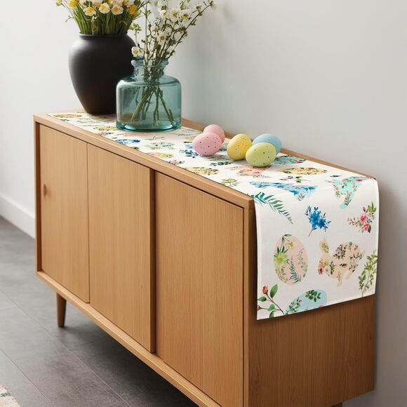 Easter Table Runner 13 x 72"  Happy Easter Rabbit Bunny Eggs Floral Linen NEW!! - Picture 6 of 7